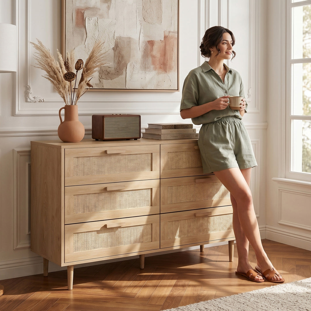 Chest of Drawers, 6-Drawer Dresser, Tall Storage Drawer Unit with Ratt