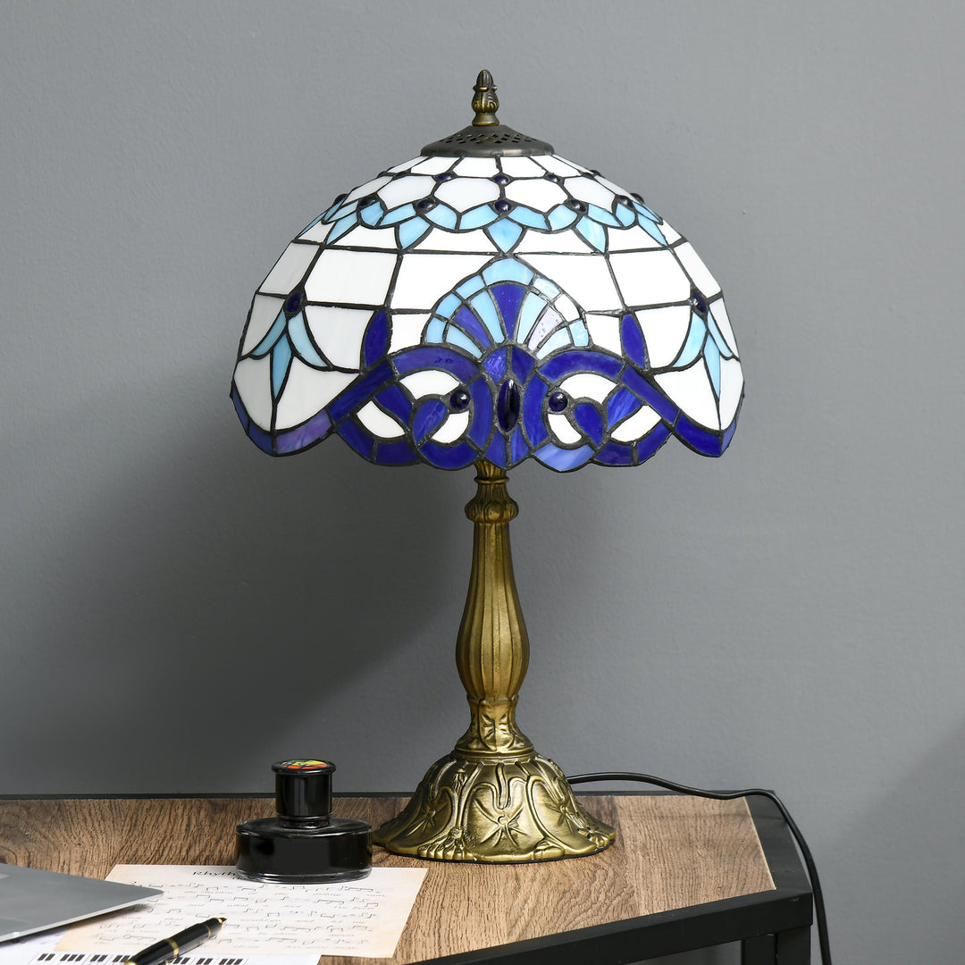 HOMCOM Stained Glass Bedroom Table Lamp, Handmade Antique Bedside Light for Bedroom, Living Room, Home, Decorative Night Light, Blue | Aosom UK