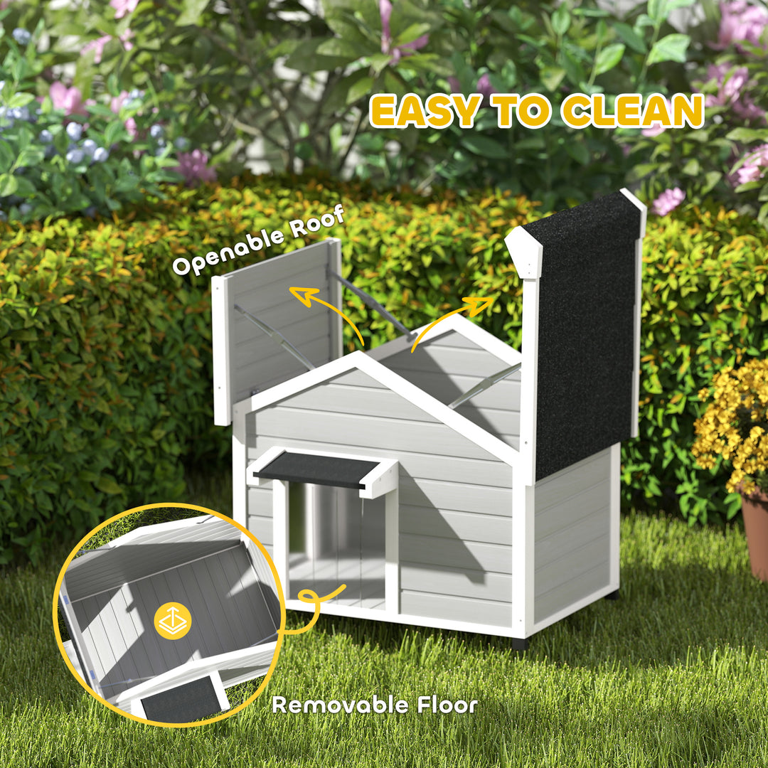 Wooden Dog House Outdoor with Openable Roof, Removable Floor, Curtain, Elevated Feet, for Medium Dogs, Light Grey