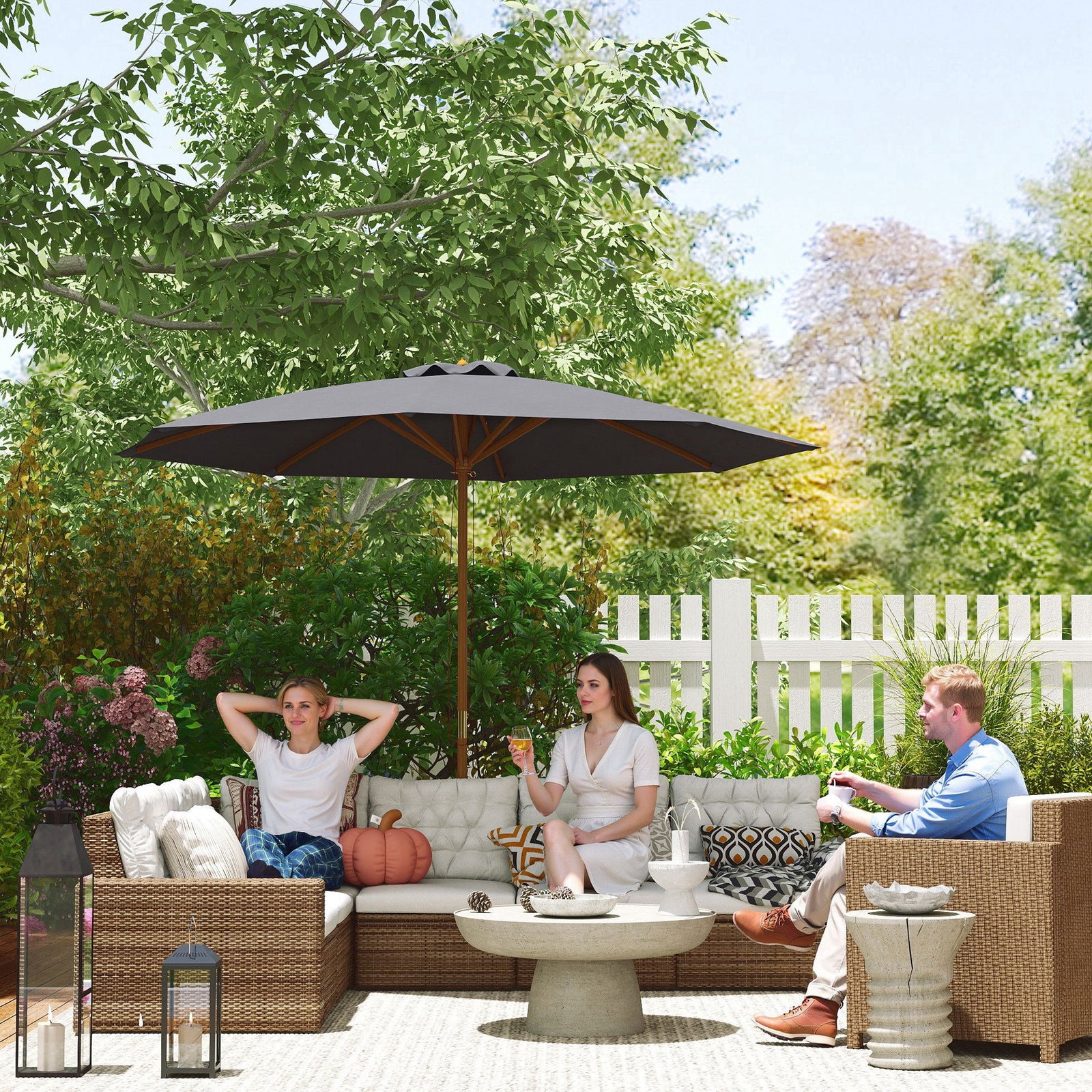 3m Wood Pole Parasol Umbrella - Grey