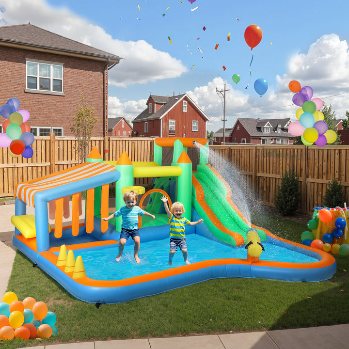 AIYAPLAY 8 in 1 Inflatable Bounce House with 680W Blower, Slide, 2 Pools, Basketball Hoop, Climbing Wall, Water Gun, Ring Toss