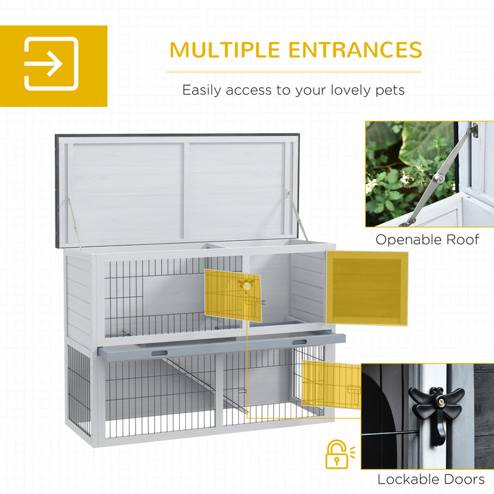 PawHut Small Animal Two-Level Fir Wood Hutch w/ Slide Out Tray Grey | Aosom UK