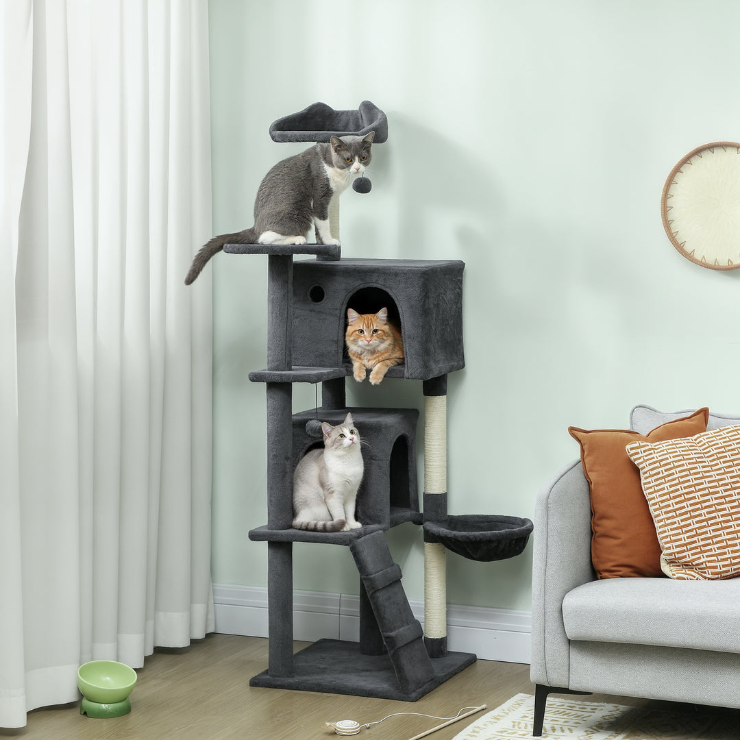 MCL 160cm Large Cat Tree Tower with Sisal Scratching Posts, Condos, Plush Perches, Hammock, Ladder, Dark Grey