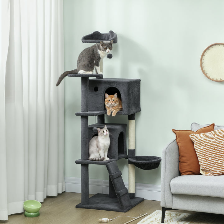 MCL 160cm Large Cat Tree Tower with Sisal Scratching Posts, Condos, Plush Perches, Hammock, Ladder, Dark Grey