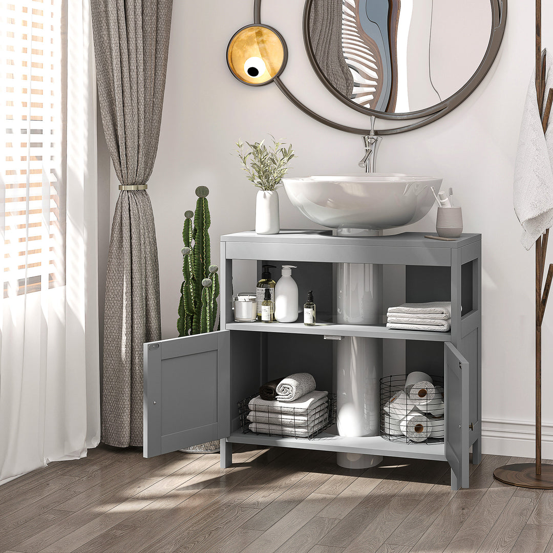 MCL Pedestal Under Sink Cabinet with Double Doors, Modern Bathroom Vanity Storage Unit with Shelves, Light Grey
