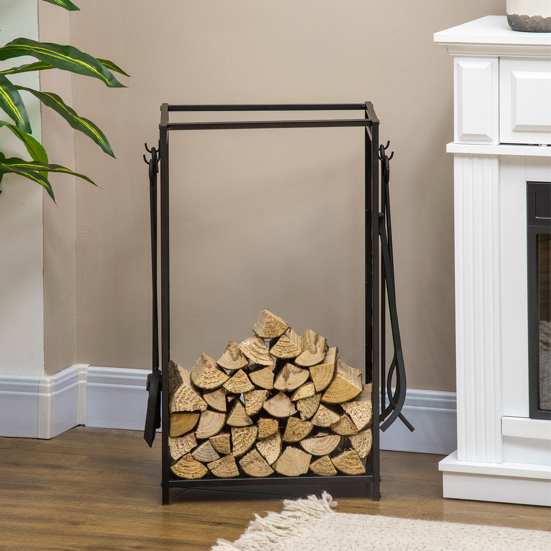 Steel Firewood Log Holder Indoor Outdoor Firewood Rack Fireplace Wood Storage Shelf with 4 Tools, Hooks, Tree Pattern Design, Rust-Resistant, Black, 46W x 30D x 70H cm