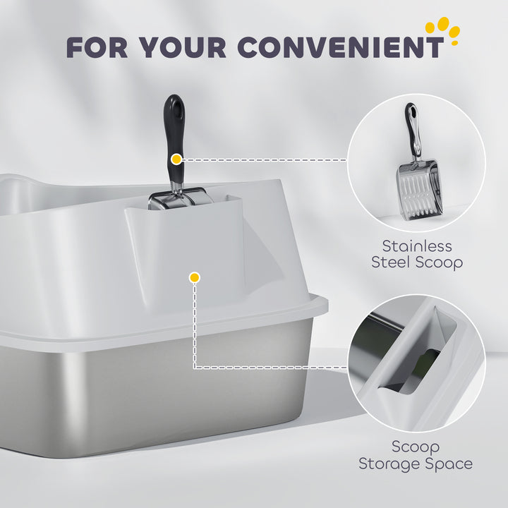 XL Stainless Steel Cat Litter Box with High Sides, Metal Scoop, 60 x 40 x 30 cm