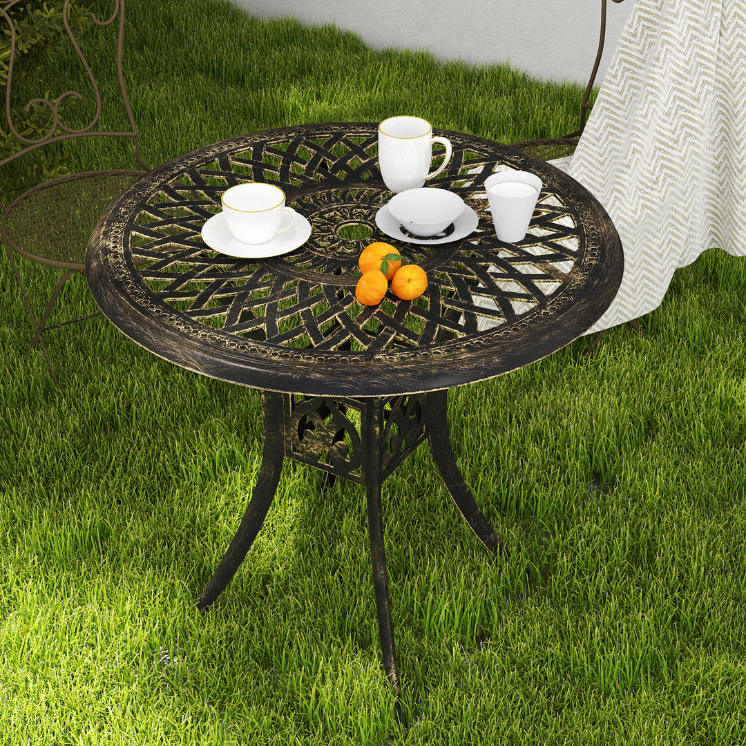 78 cm Round Garden Dining Table with Parasol Hole Antique Cast Aluminium Outdoor Table Only, Bronze Tone
