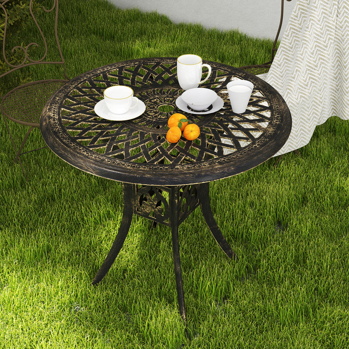 78 cm Round Garden Dining Table with Parasol Hole Antique Cast Aluminium Outdoor Table Only, Bronze Tone