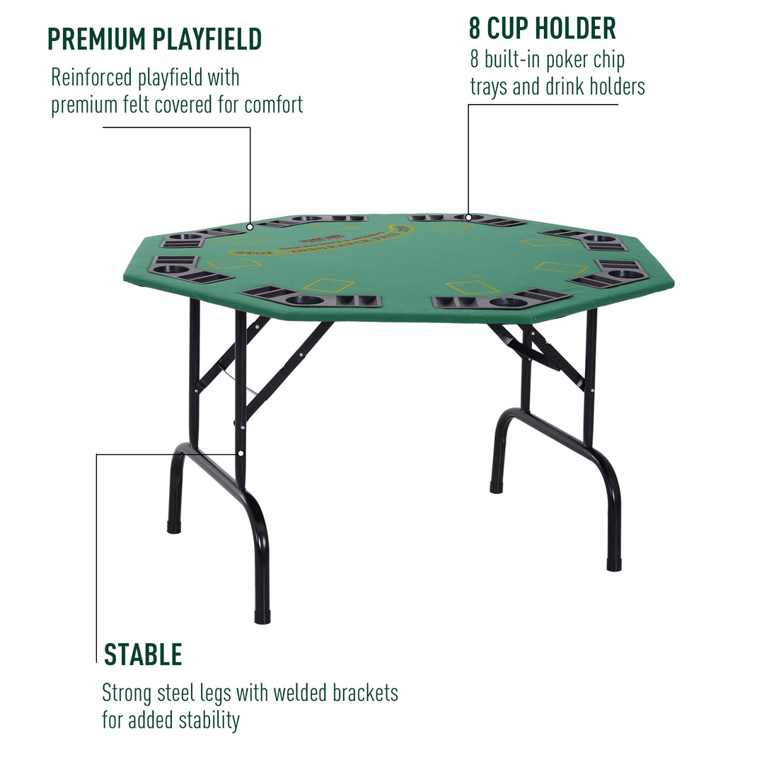 HOMCOM 8 Player Folding Games Poker Table w/ Chip Cup Holder Steel Base Felt Top Octagon Blackjack Adult Family Friends Green