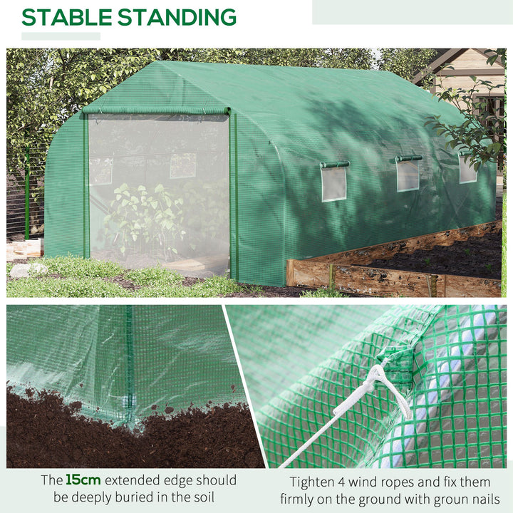 MCL Walk-in Polytunnel Garden Greenhouse, Outdoor Mesh Door Greenhouse with PE Cover and 6 Windows, 4.5 x 3 x 2m, Green