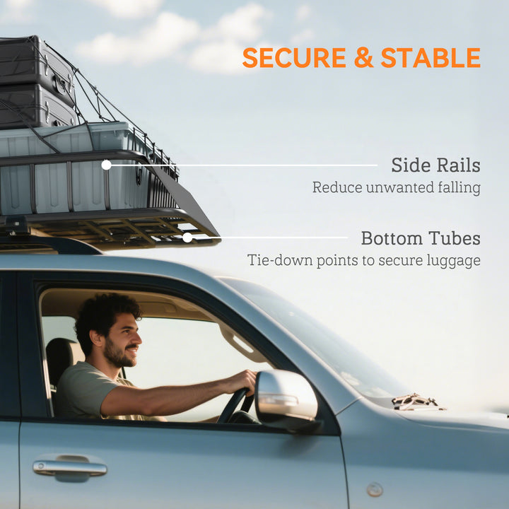 Universal Roof Rack Basket Tray, 90.7 kg Steel Car Rooftop Luggage Cargo Carrier Holder with Wind Fairing, Side Rails for SUVs, Pickups, Sedans, Off-Road Vehicles, 110.5 x 99.5 x 18.5 cm, Black
