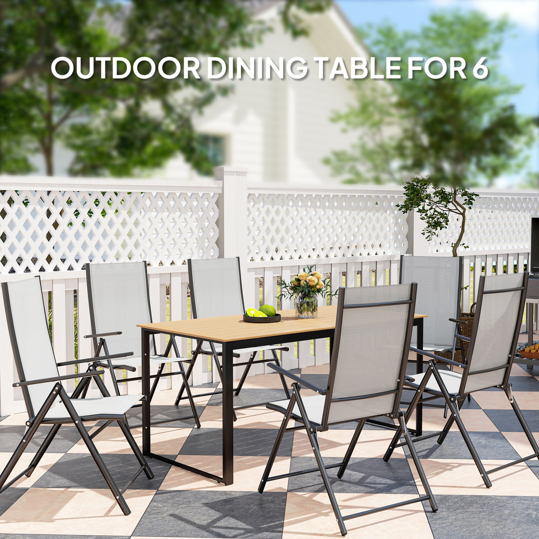 Garden Table for 6 People, 160 x 80 x 75 cm Rectangle Outdoor Dining Table with Slatted Top, Metal Frame, for Balcony, Deck, Teak