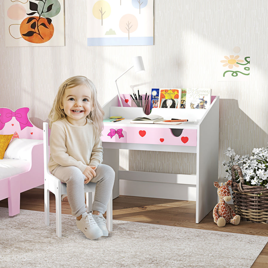 AIYAPLAY Children Study Table and Chair, Kids Desk and Chair Set with Storage, Pull-Out Drawer, for Ages 3-6 Years, Pink