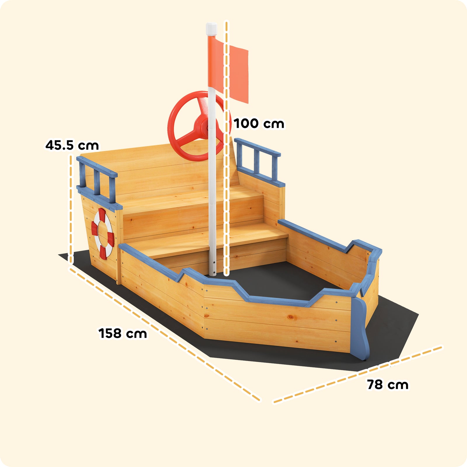 Kids Sand Pit, Children Pirate Ship Sandbox with Bench, Bottom Liner, 