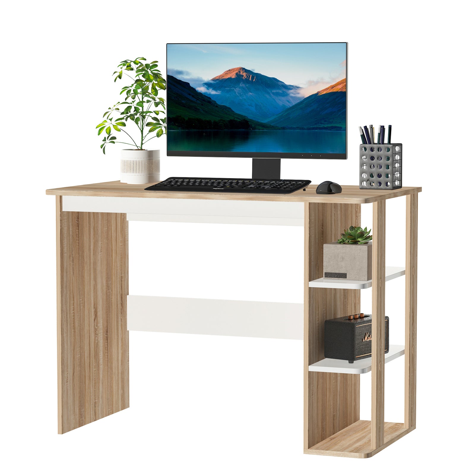 Computer Desk, Writing Desk with 3-Tier Storage Shelf, Work Table for Home Office, Study, Living Room, Oak and White