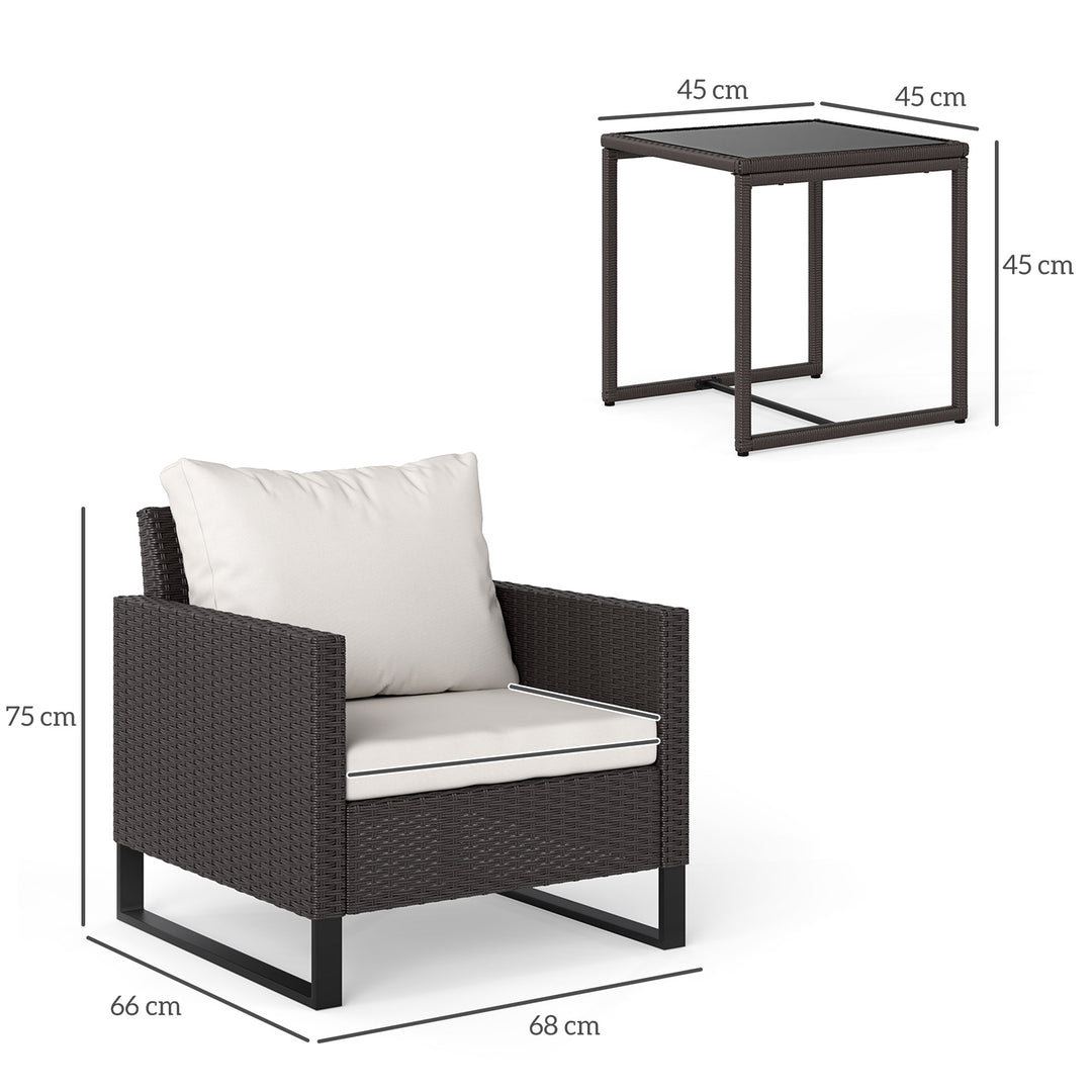 3 Pieces Rattan Bistro Set with 4 Cushions, Wicker Garden Furniture Set, Glass Top Coffee Table and Chairs for Outdoor Patio, Balcony, Terrace and Conservatory, Brown