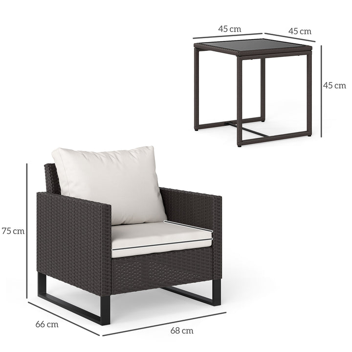 3 Pieces Rattan Bistro Set with 4 Cushions, Wicker Garden Furniture Set, Glass Top Coffee Table and Chairs for Outdoor Patio, Balcony, Terrace and Conservatory, Brown