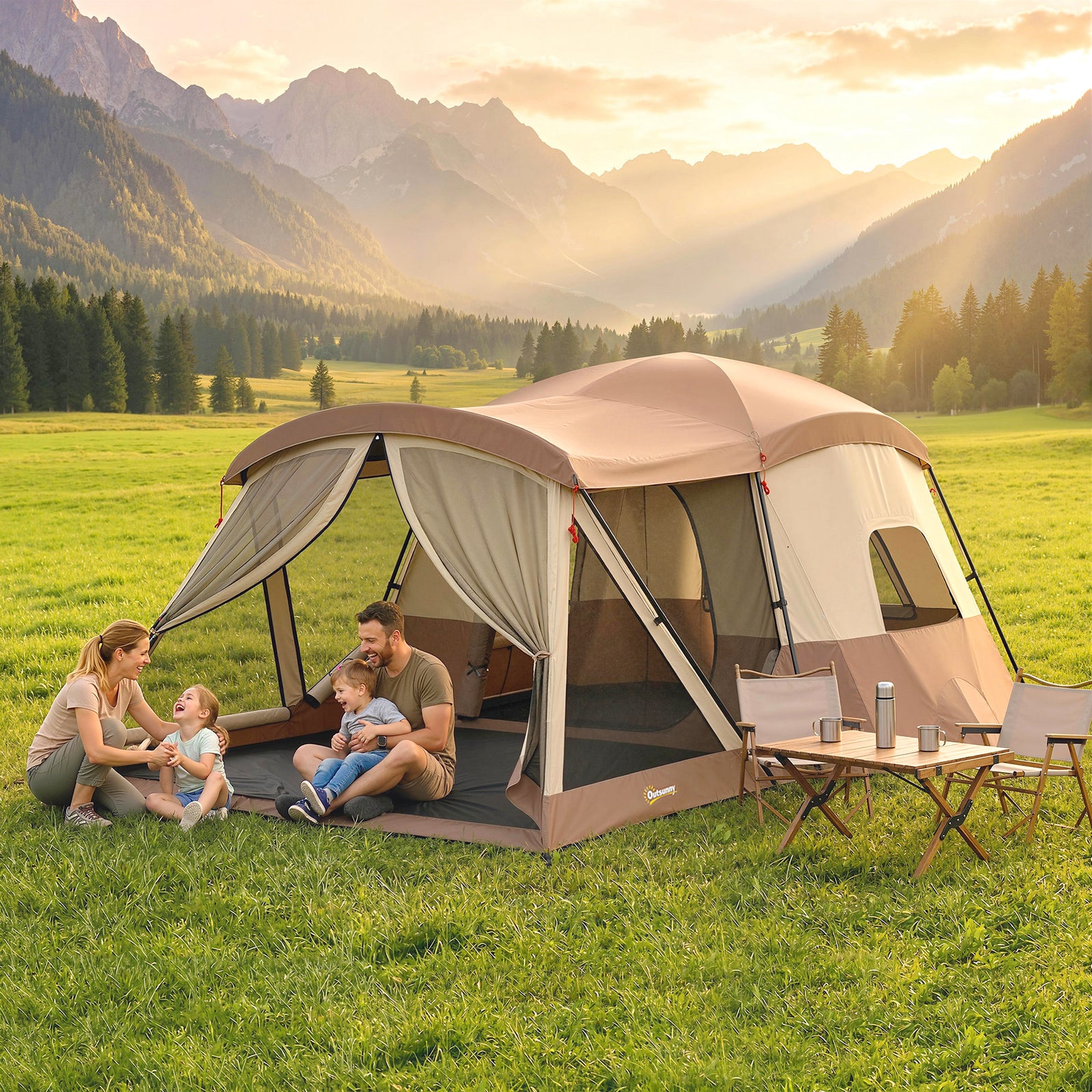 Cabin Tent Waterproof Camping Tent with Two Room for 4 Person Brown