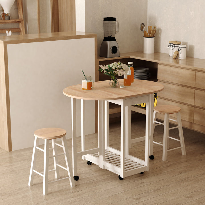 HOMCOM Bar Table and Stools with Storage Shelf, 3-Pieces Wooden Kitchen Cart with 2 Drawers and 6 Wheels, White | Aosom UK