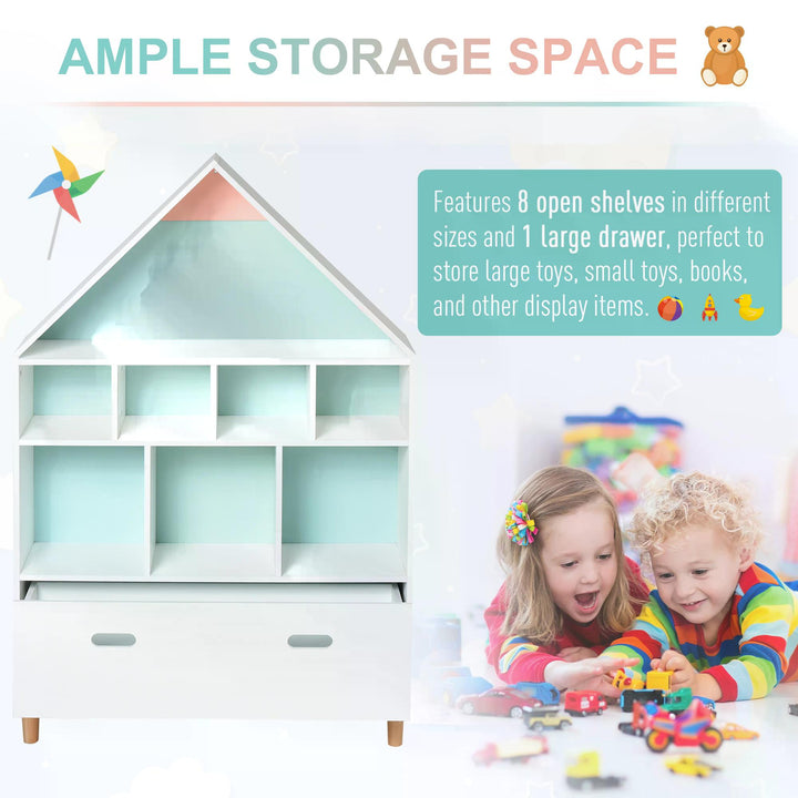 Kids House-Designed Bookshelf, with Drawer – Blue & White