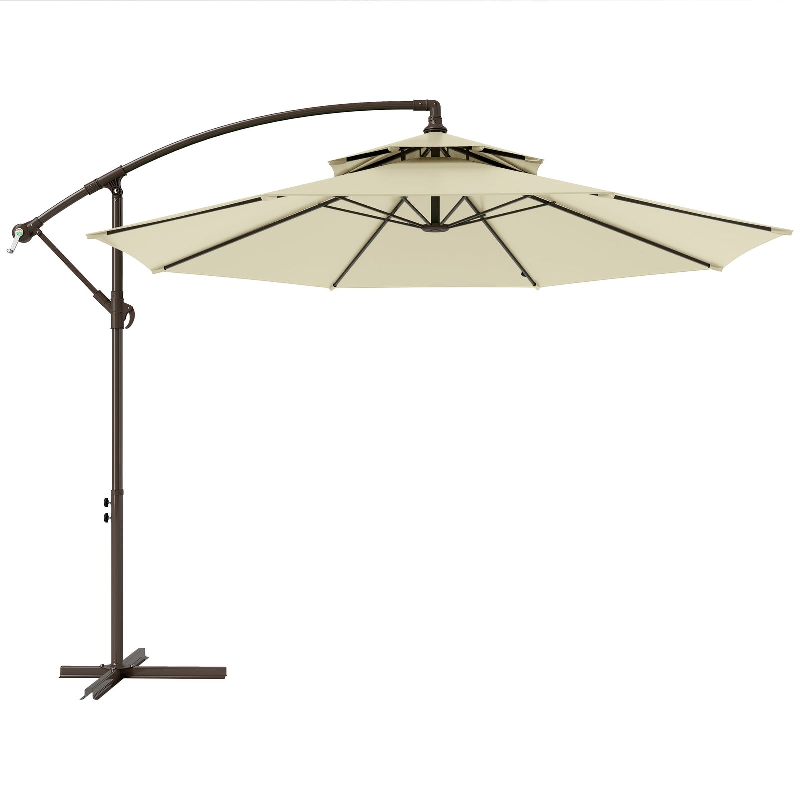 2.7m Garden Banana Parasol Cantilever Umbrella with Crank Handle, Double Tier Canopy and Cross Base for Outdoor, Hanging Sun Shade, Beige
