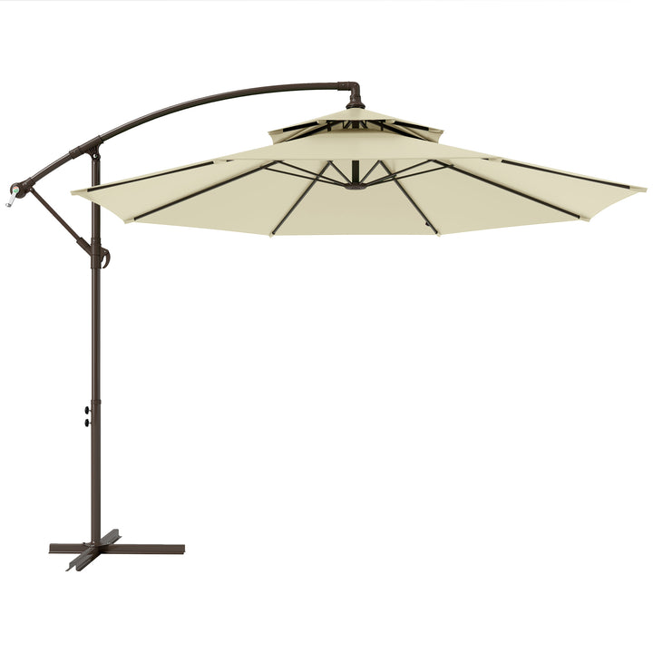 MCL 2.7m Garden Banana Parasol Cantilever Umbrella with Crank Handle, Double Tier Canopy and Cross Base for Outdoor, Hanging Sun Shade, Beige