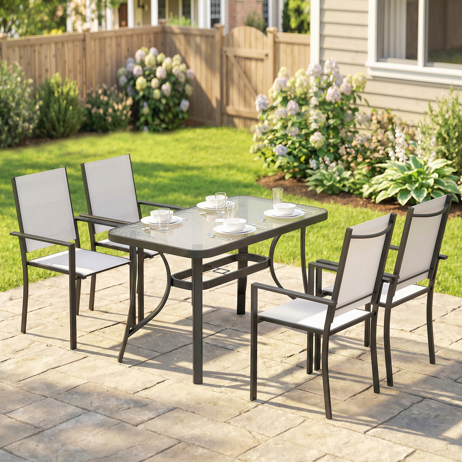 Garden Dining Set for 4 with Umbrella Hole, Stackable Chairs and Recta