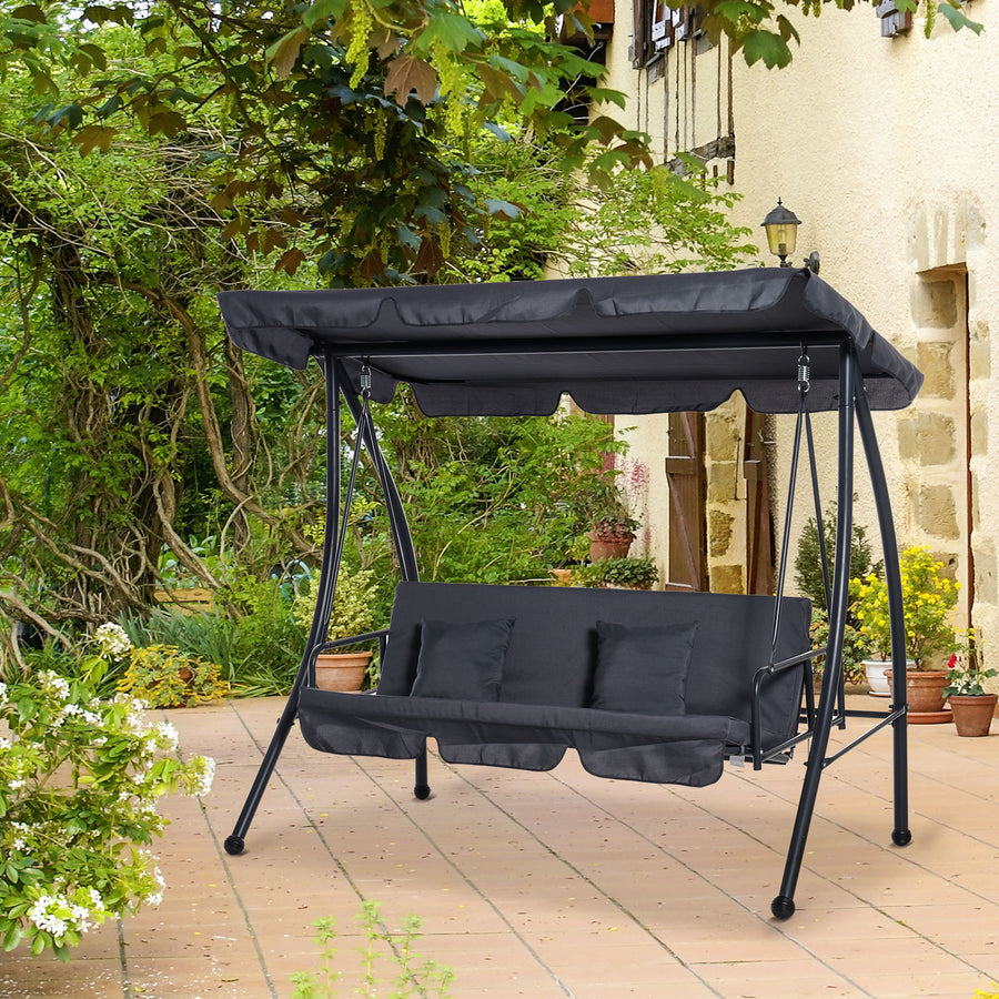 Outdoor 2-in-1 Swing Chair Lounger 3 Seater Garden Swing Seat Bed Convertible Tilt Canopy W/ Cushion, Dark Grey