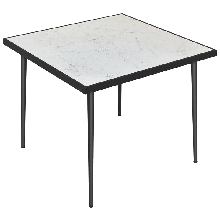 Outsunny Outdoor Dining Table, Square Garden Table for 4 with Marble Effect Tempered Glass Top, Steel Frame, White | Aosom UK