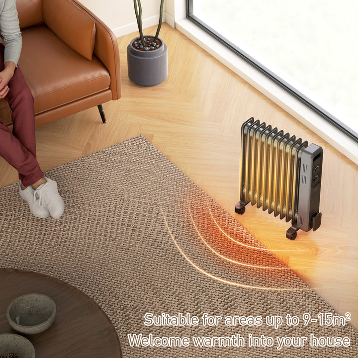 2500W Oil Filled Radiator, 11 Fin, Portable Electric Heater with 3 Heat Settings, Safety Cut-Off and Wheels, Grey