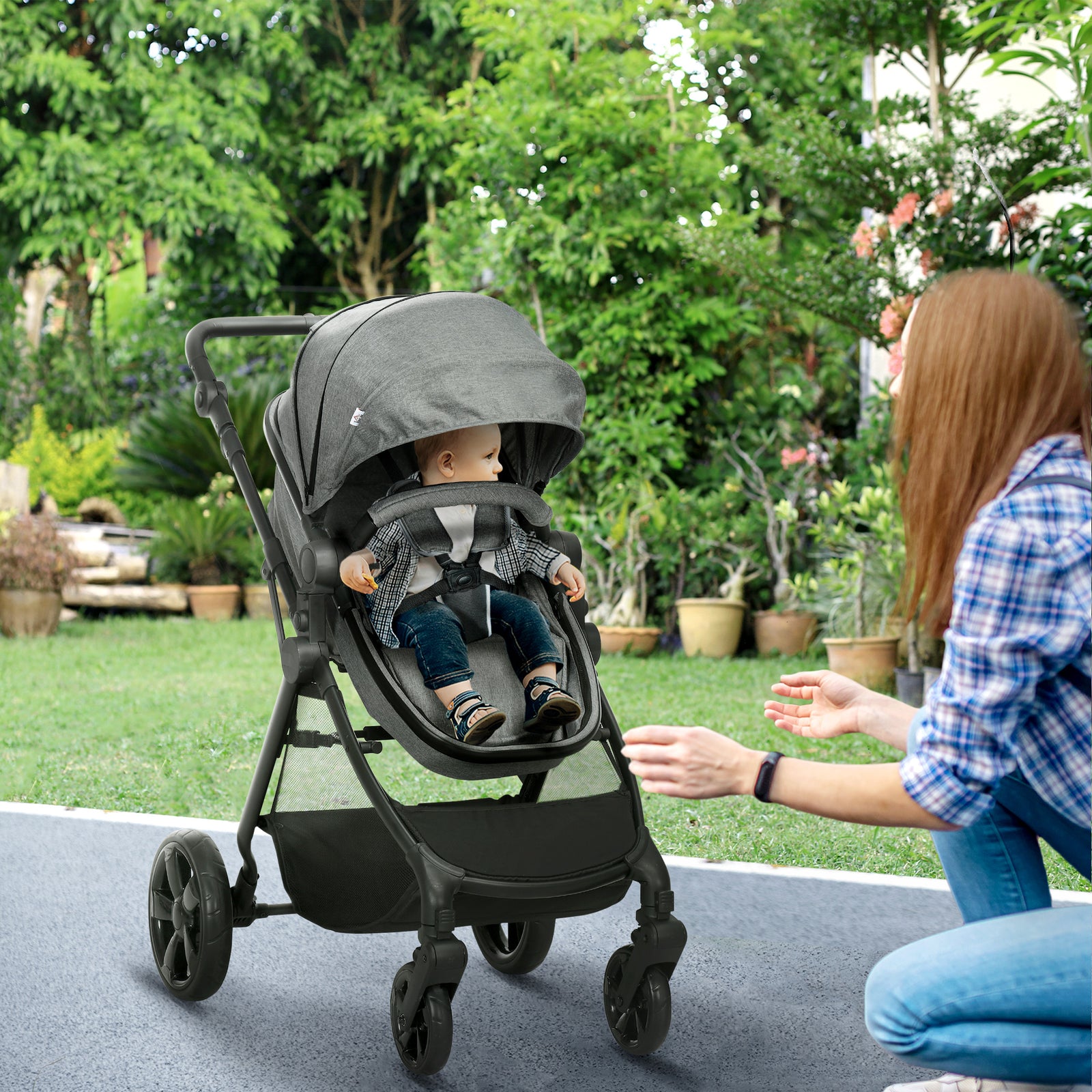 Foldable Baby Stoller, with Reclining Backrest, Adjustable Canopy, for Ages 0-36 Months - Grey