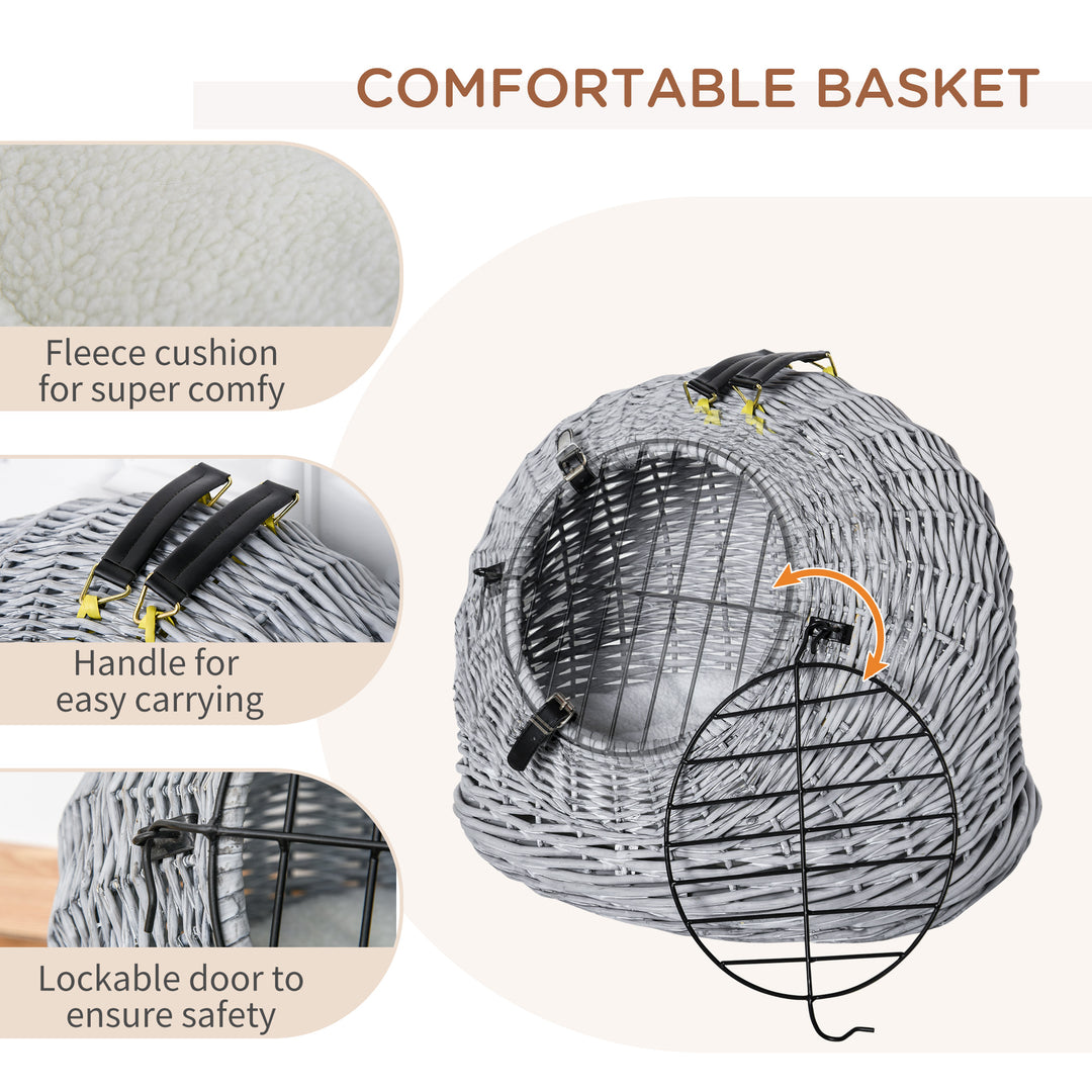 PawHut Wicker Cat Carrier, Portable Pet Basket with Cushion and Handle, Travel Cage for Cats and Kittens, Grey, 50 x 40 x 40 cm | Aosom UK