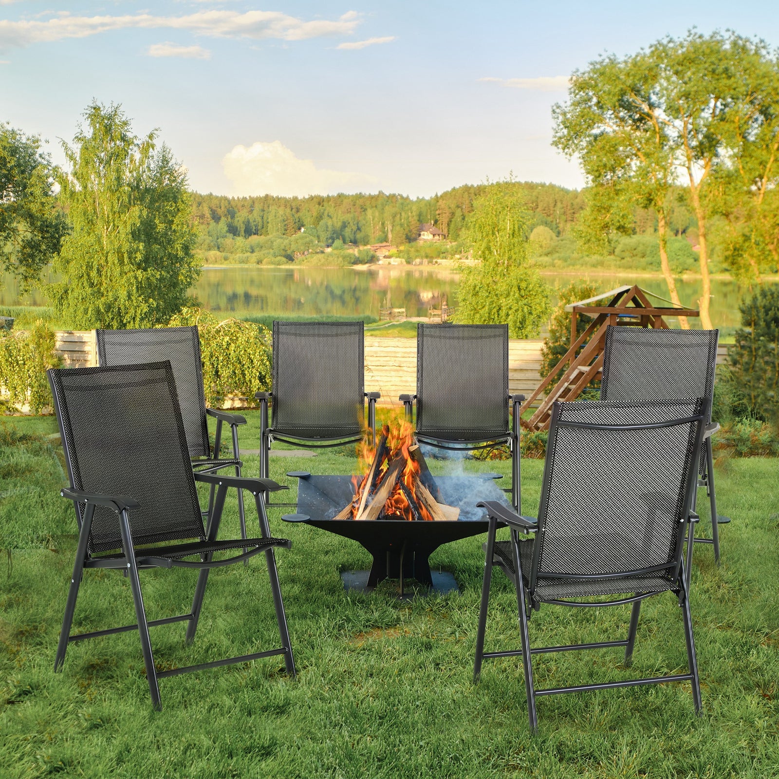 Set of Six Folding Garden Chairs - Black