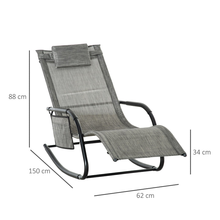 2PCs Outdoor Garden Rocking Chair, Patio Sun Lounger Rocker Chair with Breathable Mesh Fabric, Removable Headrest Pillow, Armrest, Side Storage Bag, Dark Grey