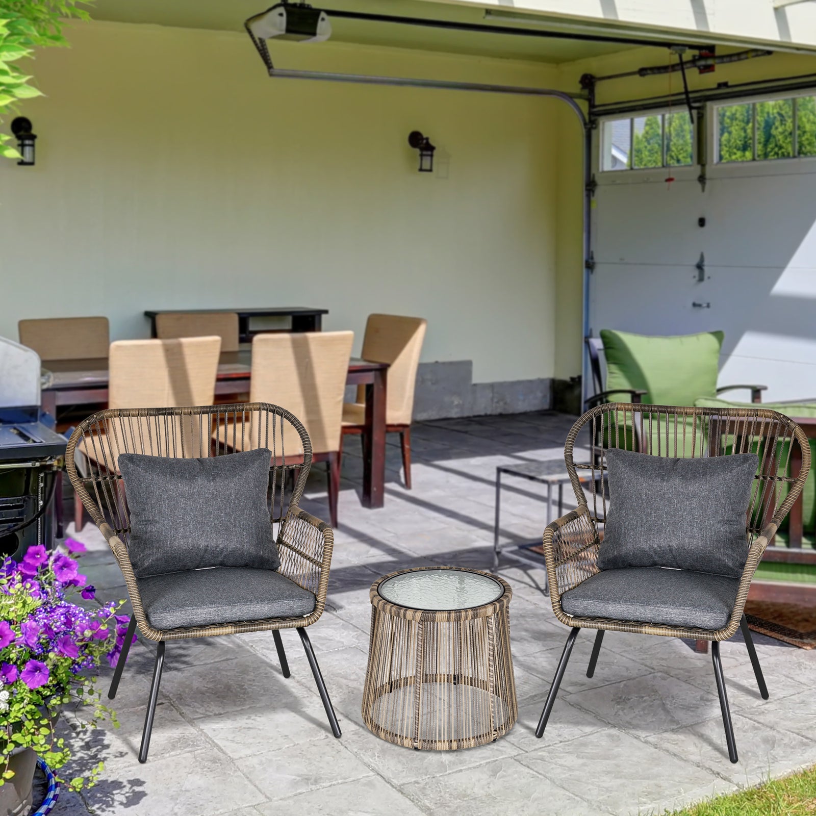 3 Pieces Rattan Bistro Set, Wicker Garden Furniture Set with Cushions, Glass Top Coffee Table and Chairs for Outdoor, Patio, Balcony, Grey