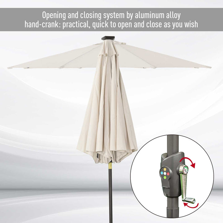 Φ2.7m Garden 24 LED Light Parasol Solar Outdoor Tilt Sun Umbrella Patio Club Party Event Manual Sun Shade w/ Hand Crank and 8 Ribs, Off-white