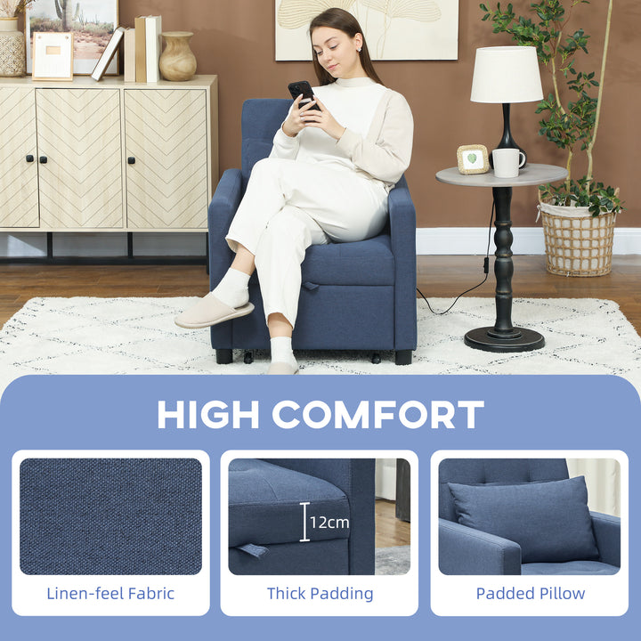 3-In-1 Chair Bed, Convertible Sleeper Chair with Adjustable Backrest, Pillow and Footrest for Living Room, Blue