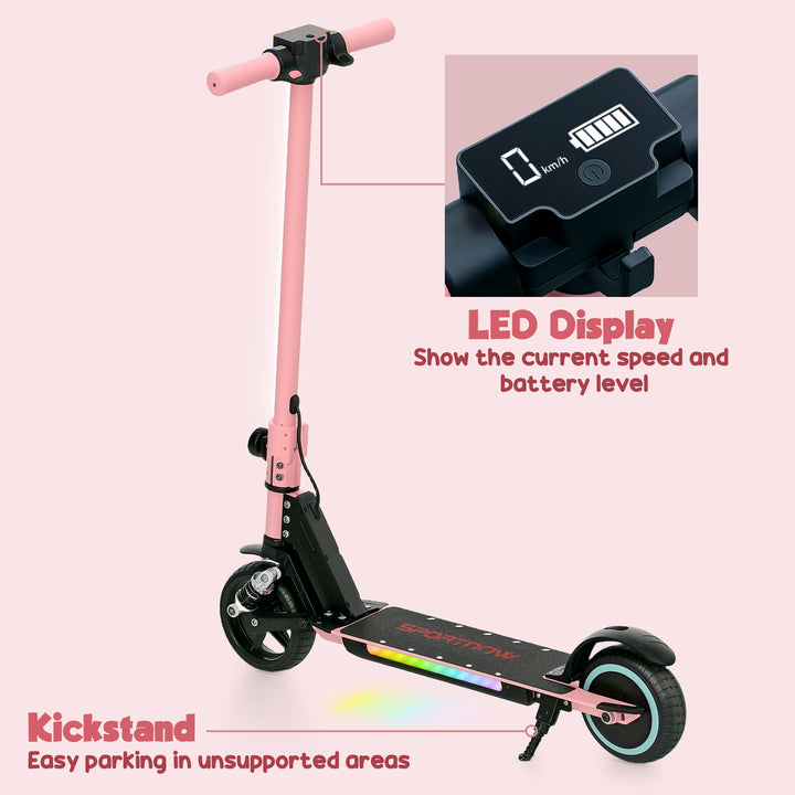 Folding Electric Scooter for Kids Age 6-14 with Dual Brakes, Front Suspension, LED Colourful Lights and Display, 6.8kg Lightweight Aluminium E Scooter, Up to 14 KM/H & 6 KM, Pink