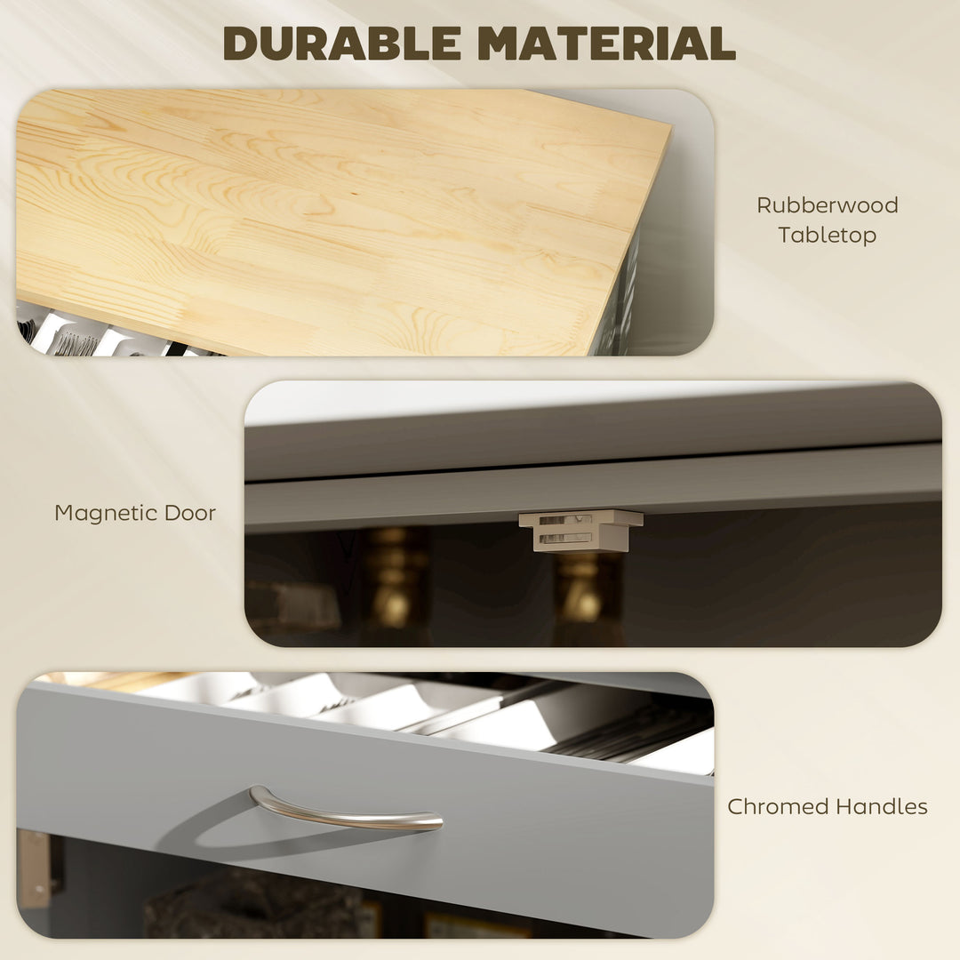 MCL Modern Kitchen Trolley, Rolling Island Storage Cart with Drawer, 9-bottle Wine Rack, Door Cabinets, Wooden Countertop, Grey