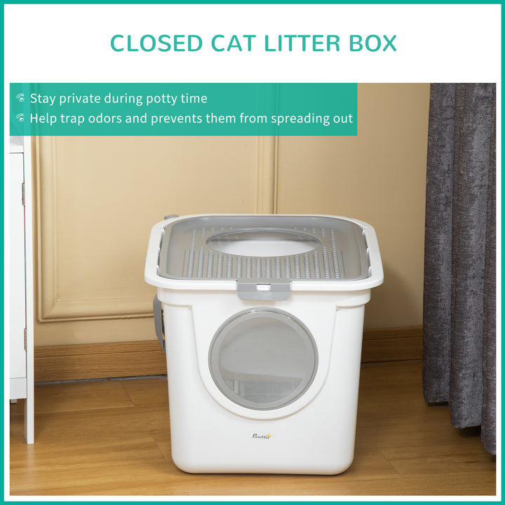 Cat Litter Box, Pet Toilet, Enclosed Kitten Pan with Front Entrance Top Exit, High Side, Scoop, White