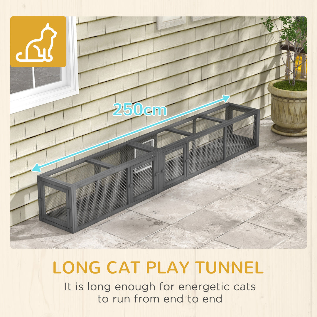 Cat Tunnel, 250cm Extra Long Wooden Cat Play Tunnel with 8 Doors, L-shape/Rectangle, Outdoor Cat Enclosure, Dark Grey