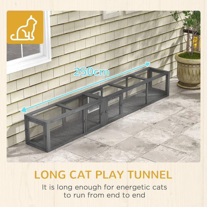 Cat Tunnel, 250cm Extra Long Wooden Cat Play Tunnel with 8 Doors, L-shape/Rectangle, Outdoor Cat Enclosure, Dark Grey