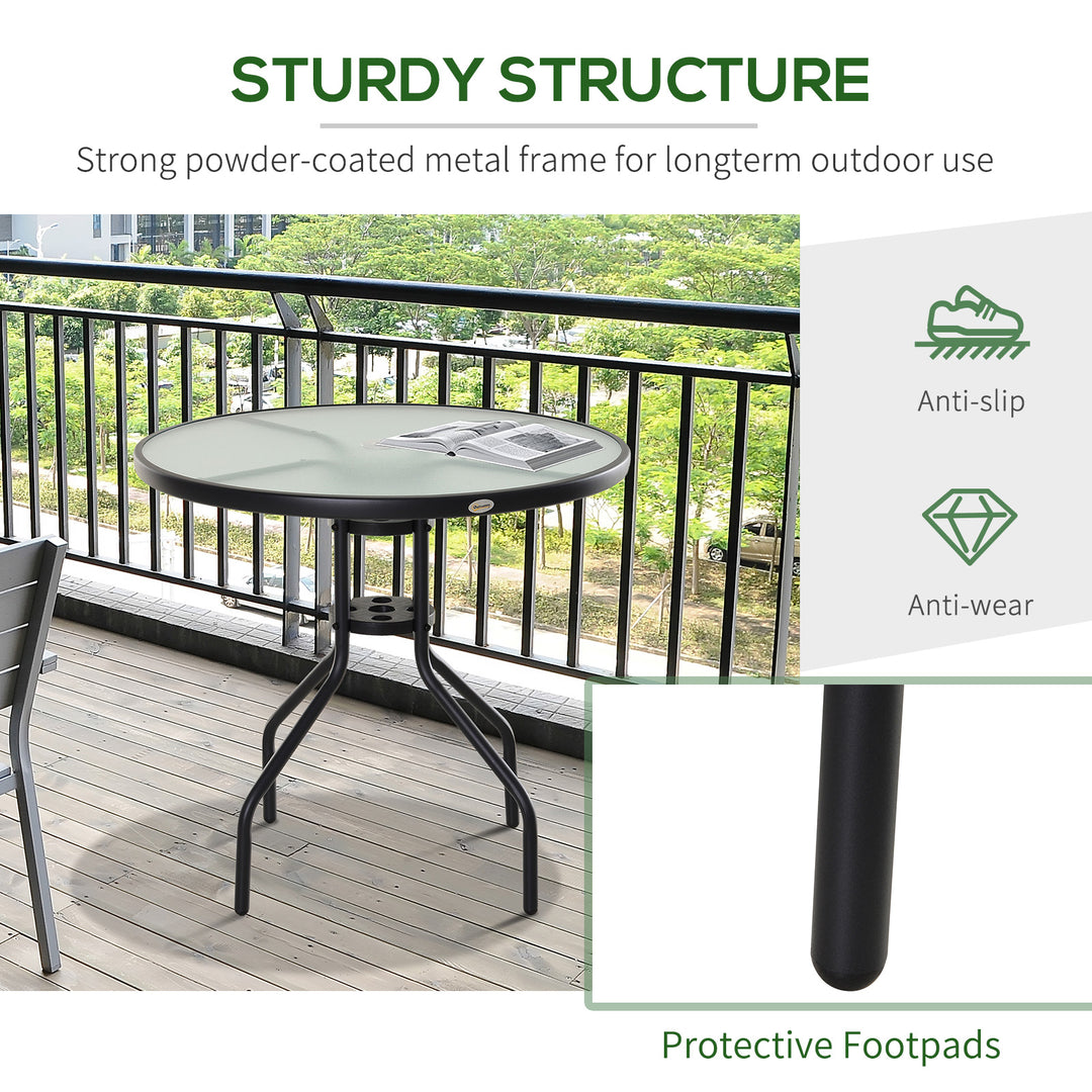 80 cm Round Garden Dining Table with Parasol Hole for 4, Outdoor Coffee Bistro End Side Table with Tempered Glass Top and Steel Frame for Patio, Porch, Black