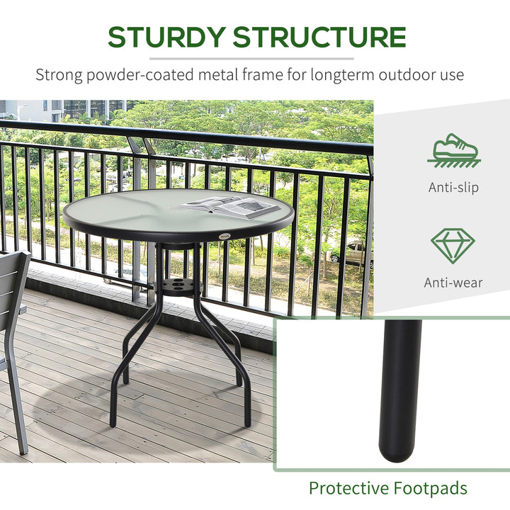 80 cm Round Garden Dining Table with Parasol Hole for 4, Outdoor Coffee Bistro End Side Table with Tempered Glass Top and Steel Frame for Patio, Porch, Black