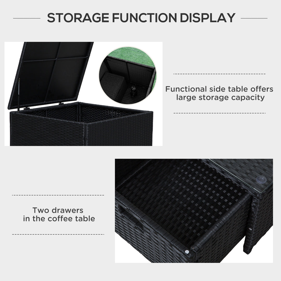 MCL 4 Pieces Rattan Garden Furniture Set, 4 Seater Corner Sofa Set with Storage Box, 2 Drawers Coffee Table, Loveseats with Cushions, Wicker Garden Conservatory Furniture for Balcony, Black