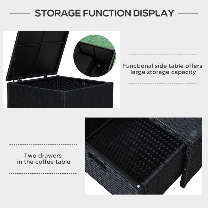 MCL 4 Pieces Rattan Garden Furniture Set, 4 Seater Corner Sofa Set with Storage Box, 2 Drawers Coffee Table, Loveseats with Cushions, Wicker Garden Conservatory Furniture for Balcony, Black