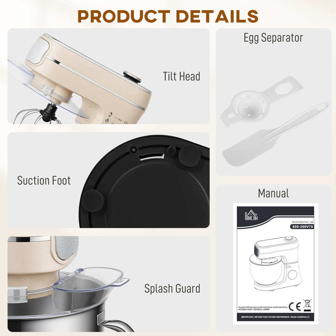 Stand Mixer, 6L 1400W Tilt-Head Food Mixer with 11 Speeds, Pulse &amp; Fer