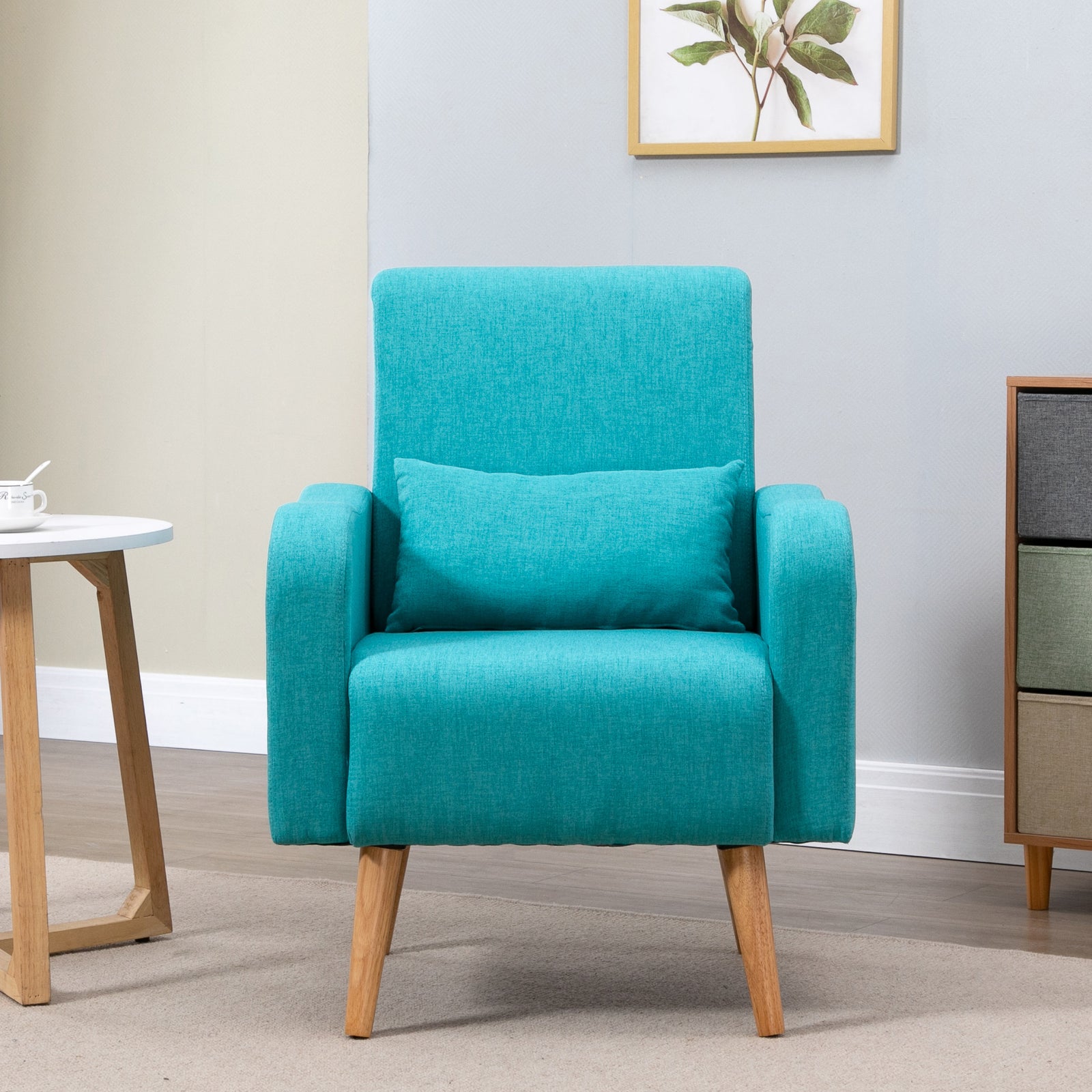 Accent Chair, Linen-Touch Armchair with Pillow, Upholstered Leisure Lounge Sofa for Living Room, Club Chair with Rubber Wooden Frame, Teal