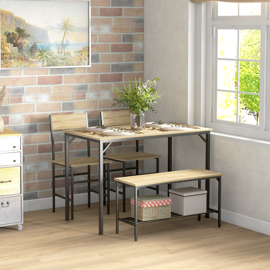 Square Dining Set for 4 Persons, Table, Chairs and Bench Included, Natural Wood Effect